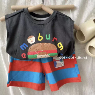 Bộ đồ bé trai 2024 Váy mùa hè mới Áo Vest Hamburger in hình đẹp trai + Quần short sọc rộng Xu hướng hai mảnh