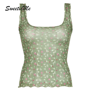 Sweeticme Nữ 2024 Thời Trang Mới Gợi Cảm Lưới Nhìn Xuyên Qua Nhân Quả Hoa Áo Camisole