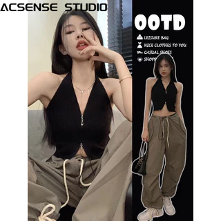 Áo hai dây dệt kim ACSENSE STUDIOCroptop màu trơn dành cho nữ