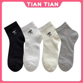 TIANTIAN T356 Mùa Hè Mỏng Phong Cách Thêu Nơ Vừa Ống Ngắn Tất Lưới Cotton Nguyên Chất Thoáng Khí Tất Nhật Bản Phong Cách miu Vớ Trắng Rỗng