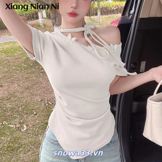 Xiang Nian Ni Mới Dệt Kim Ren Cổ Tròn Ba Chiều Nữ Áo Len Tay Ngắn Slim Top