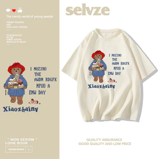 SELVZE Thời trang gấu bông in hình cotton nguyên chất dáng rộng cổ tròn cổ điển oversize giản dị áo thun ngắn tay dành cho nữ