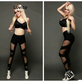 Lovito Quần legging thể thao có cấu trúc lưới tương phản trơn thể thao dành cho nữ LNL60315