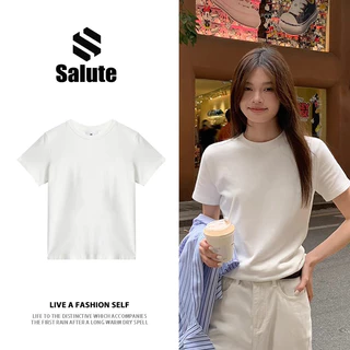 Local brand SALUTE Áo phông nữ trắng Thon gọn mùa hè local brand SALUTE cổ tròn màu đặc áo thun unisex  fashion girl