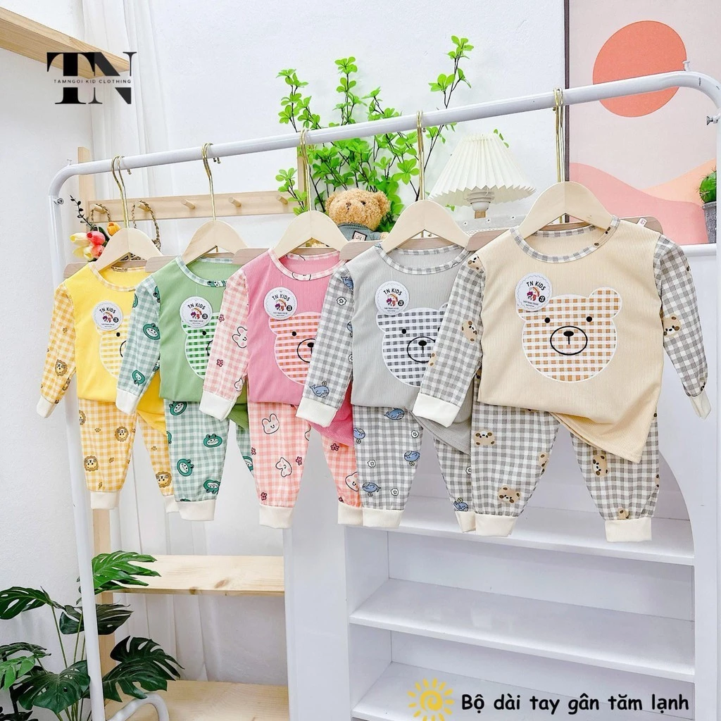Combo 4 bộ quần áo dài vải tăm lạnh MẶT GẤU KẺ, bộ thun tăm lạnh cho bé