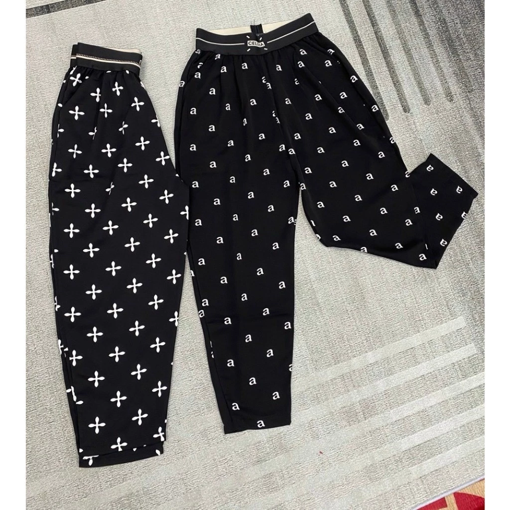 quần baggy lụa hoạ tiết chữ, cạp chun chữ có túi 2 bên tiện lợi chất lụa mềm mịn cực mát