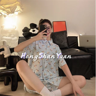 Heng Shan Yuan Bộ đồ ngủ nữ hoạt hình dễ thương quần short ngắn tay mỏng mặc nhà bộ hai mảnh