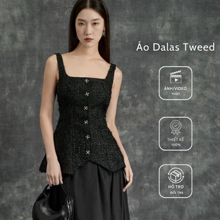 Áo Dalas Tweed, áo hai dây chất tweed, màu đen, dáng ôm | the tendy - natural & minimalist