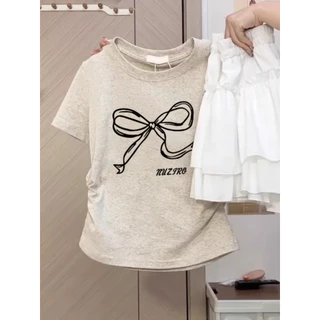 【100% cotton 】Áo baby tee Áo Thun ôm body Áo y2k Slim-fit Fit Vai Trước Thiết Kế Thời Trang Nơ In Tay Ngắn T