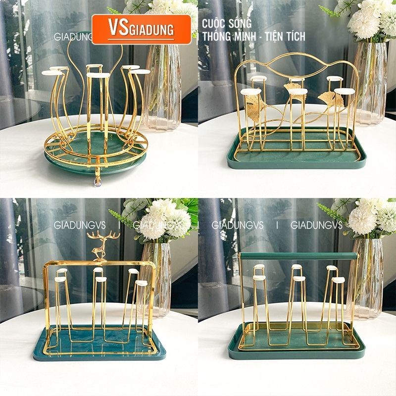 Giá úp cốc kèm khay mạ vàng chống han gỉ kèm mút silicon phong cách Bắc Âu