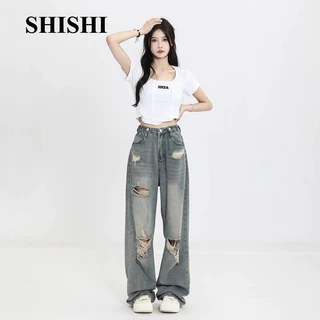 Shi SHI HUIZUMEI Jeans Lưng Dài Điều Hành Gối Rộng Mỹ Phong Cách Retro Nữ