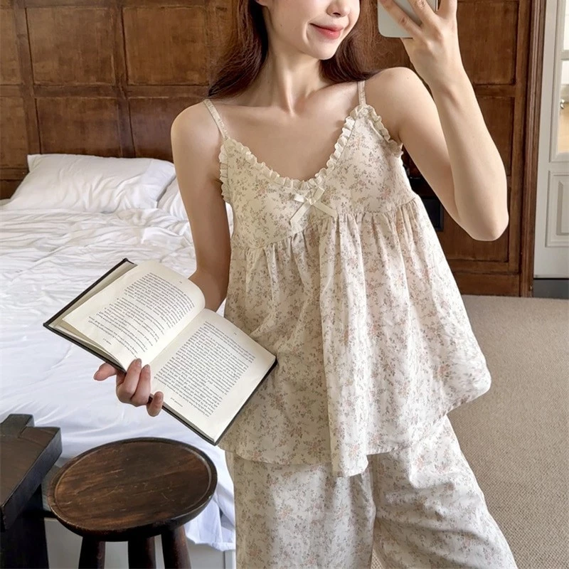 741_ Bộ ngủ, pijama nữ hai dây quần dài hoạ tiết hoa nhí  chất cotton | Hàng QCCC | 9scat