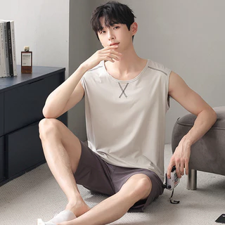 Modal Bộ Đồ Ngủ Nam Mùa Hè Mùa Hè Hè Không Tay Mỏng Áo Quần Short Rời Kích Thước Lớn Loungewear Phù Hợp Với Bán Buôn