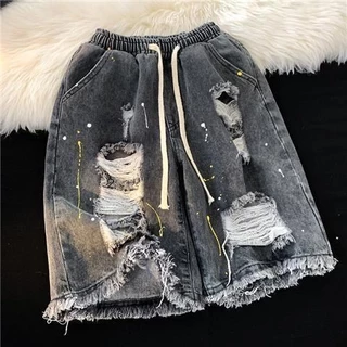 Jiashuchen Cặp Đôi Phong Cách Nam Nữ Rách Quần Short Denim Thiết Kế Mùa Hè Niche Năm Điểm Quần Size Lớn Beggar Quần