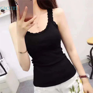 Gjcute Mùa Hè Hàn Quốc Ren Chắp Vá Camisole Nữ Màu Trơn Phù Hợp Với Slim Top WTD