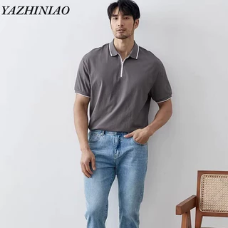 Yazhiniao nam ngắn tay phong cách Hàn Quốc mỏng và tinh tế ve áo polo hợp thời trang tương phản