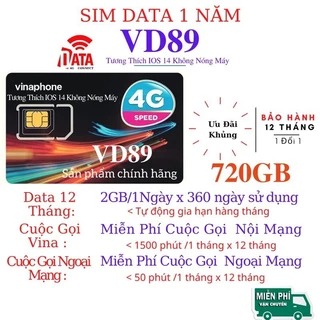 SIM 4G - VD89 1Năm ( DATA + Gọi MIỄN PHÍ +CẢ NĂM ) 2GB/Ngày Không Cần Nạp Tiền 12 tháng