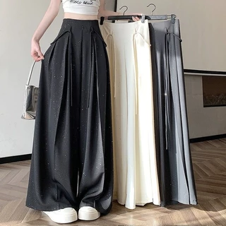 Cảm Giác Cao Cấp Nóng Kim Cương Đính Kim Cương Phù Hợp Với Ống Rộng Culottes Nữ Mùa Hè Drap Mỏng Hơn Nhìn Thường Ngày Quần Lớn Sàn @ -