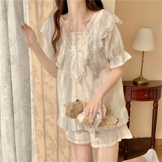 Hàn Quốc Hàn Quốc ins Nữ Mùa Hè Phong Cách Mới Pháp Retro Cung Điện Phong Cách Xù Tay Ngắn Loungewear Bộ Đồ Ngủ Nữ