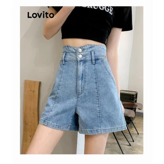 Lovito Quần short denim hai nút trơn đơn giản cho nữ LNE57596