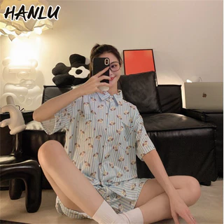 Hanlu Bộ Đồ Ngủ Mới Cho Nữ Hoạt Hình Dễ Thương Quần Short Tay Ngắn Mỏng Cardigan Quần Áo Gia Đình