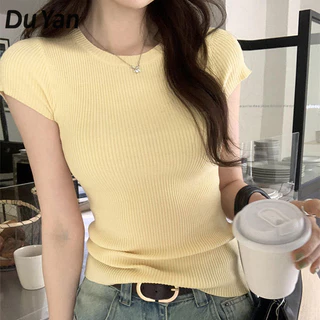 Du YAN Hot Girl Phong Cách Hàn Quốc Tay Ngắn Cổ Tròn Slim Fit Áo Thun Đơn Giản Slim Top Dành Cho Nữ