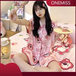 Onemiss Dâu Gấu Bộ Đồ Ngủ Nữ Mùa Hè 2024 Phong Cách Mới Giả Cotton Quần Short Tay Ngắn Mùa Hè Influencer Phong Cách Plus Kích Thước Loungewear