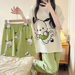 pijama lụa đồ ngủ bigsize Bộ đồ ngủ ba mảnh, quần ngắn tay mùa xuân mùa thu của phụ nữ, quần short bộ đồ dễ thương dành cho sinh viên, quần lót mùa hè với miếng đệm ngực;