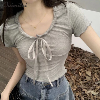 Paimilai Vai Thẳng Slim Fit Áo Thun Tay Ngắn Ngắn Nguyên Chất Desire Phong Cách Top