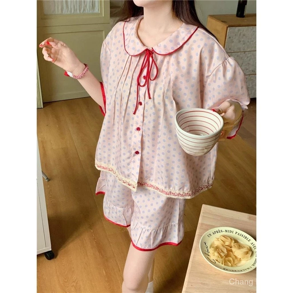 Cổ Búp Bê Ngọt Ngào Phù Hợp Với Loungewear Quần Mùa Hè Hai Mảnh Rời Bộ Đồ Ngủ Phong Cách Retro Nữ Chấm Bi Tay Ngắn RCNL