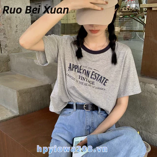 Ruo Bei Xuân Nữ Màu Sắc Tương Phản Cổ Tròn Áo Thun Màu Sắc Tương Phản Mùa Hè In Chữ Rời Ngắn Retro Top