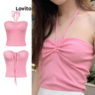 Lovito Áo ba lỗ có dây rút trơn có dây rút kiểu boho dành cho nữ L86ED166