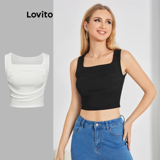 Áo hai dây croptop Lovito xếp nếp màu trơn thường ngày cho nữ LBE04044 (Nhiều màu)