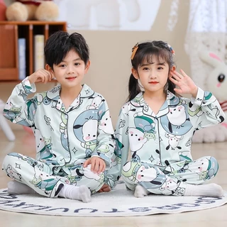 Bộ Đồ Ngủ Trẻ Em Bé Trai Bé Gái Dài Tay Thu Đông Vừa Lớn Cardigan Ve Áo Phù Hợp Với