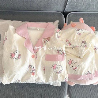 Phong Cách Nhật Bản Bộ Đồ Ngủ Hello Kitty Ngọt Ngào Và Dễ Thương Nữ Mùa Hè Mới Áo Cardigan Tay Ngắn Rời Thoải Mái Homewear Bộ Hai Mảnh