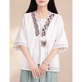 Áo sơ mi nữ mùa hè vải lanh cotton rộng tay vừa phải