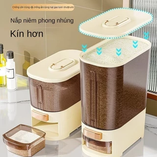 Xô cơm gia đình chống côn trùng và chống ẩm kín cấp thực phẩm bột gạo hộp gạo trong suốt tự động ra và ép xi lanh gạo