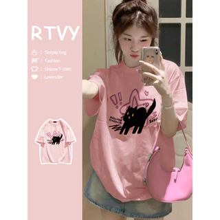 「RTVY」Áo thun ngắn tay nữ mùa hè in hình mèo dáng rộng thường ngày Oversize Top