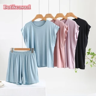 Phụ Nữ modal cotton Pyjama Thoải Mái 2 Bộ Nữ Mùa Hè 2024 Mùa Hè Xuân Mới Mỏng Tay Ngắn Thoáng Khí Rời plus Kích Thước loungewear Bộ Đồ Nữ