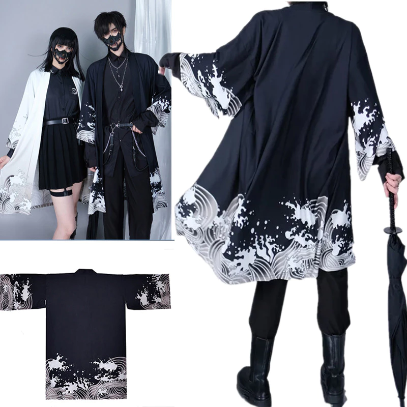 Trung Quốc Rồng In Hình Bông Tai Kẹp Dài Phong Cách Kimono Nam Nữ Nhật Bản Đường Phố Samurai Cosplay Yukata Áo Oversize 6XL