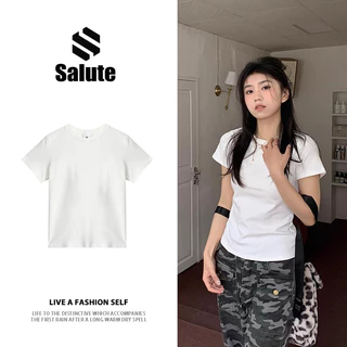 Áo phông nữ trắng Thon gọn mùa hè local brand SALUTE cổ tròn màu đặc áo thun unisex  fashion girl phố 100% cotton