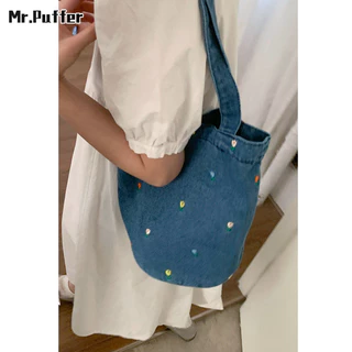 Mr.puffer Túi vải denim phong cách đại học thông thường dành cho nữ nách túi xô mới túi đeo vai dung tích lớn