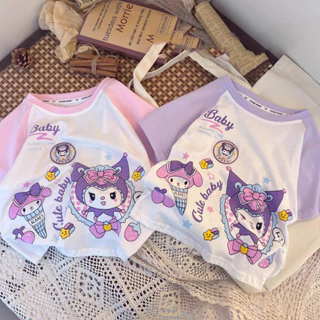 Dễ Thương Kuromi Áo Thun Tay Ngắn Cotton Nguyên Chất Trẻ Em Sáng Lên Top Mùa Hè Phong Cách Mới Bé Gái Tươi Thời Trang Top