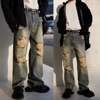 Unisex Casual Tất Cả Trận Đấu Cá Tính Rách Đau Khổ Thẳng Leg Quần Jean Dài Thời Trang Đường Phố Mỹ Giữa Eo Quần Jean Dành Cho Nam