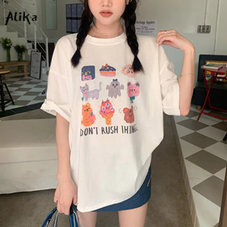 Áo thun nữ Alika y2k Nhật Bản ngọt ngào cổ điển in hình hoạt hình Hàn Quốc dáng rộng giản dị áo ngắn tay