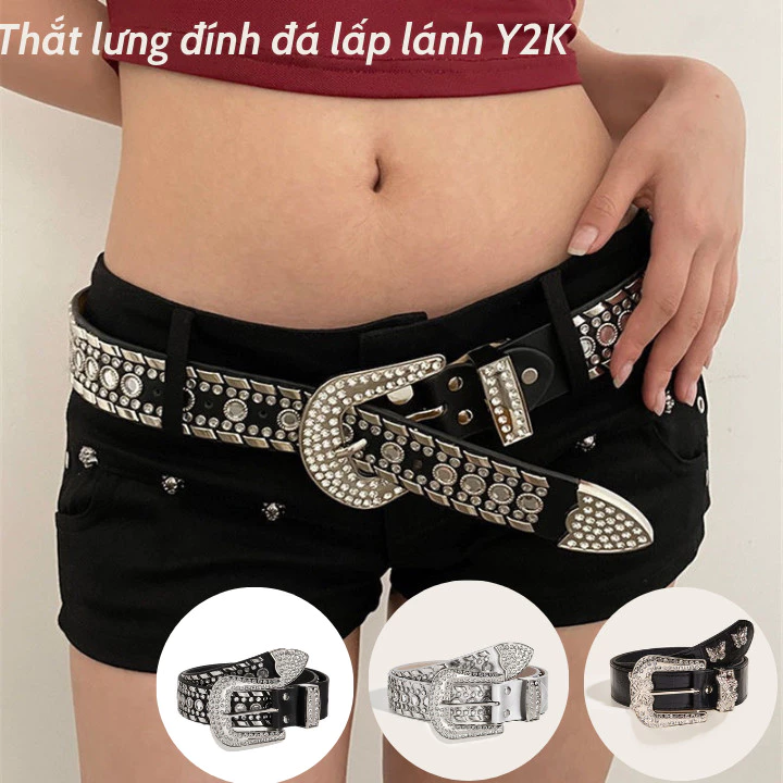 Thắt lưng nam nữ đính đá  Y2K dây nịt nam nữ đính đá tròn lấp lánh phong cách Retro  Âu Mỹ cao cấp OLL341 Olala 86