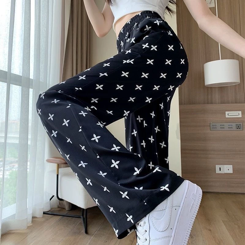 Quần suông lụa in chữ siêu mát lưng chun cao, Quần xuông nữ chất lụa in chữ chất mát lạnh