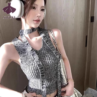 Xiyuyi Áo Vest Nữ Pháp Hot Girl Top Dệt Kim Độc Đáo Top