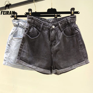 Quần short nữ Mới lưng cao denim uốn cong quần rách dáng rộng giảm béo ống rộng thời trang hot quần