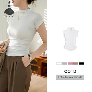 Crlnhc ÁO THUN TĂM CỔ BASIC Thời Trang Mùa Hè Nửa Cổ Cao Cổ Áo Thun Nữ Màu Trơn Slim Crop Top vn